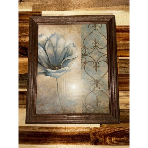 Framed Vivien Flasch Floral Art Print Blue Flower & Brown Scroll Design Overall - Picture 3 of 8